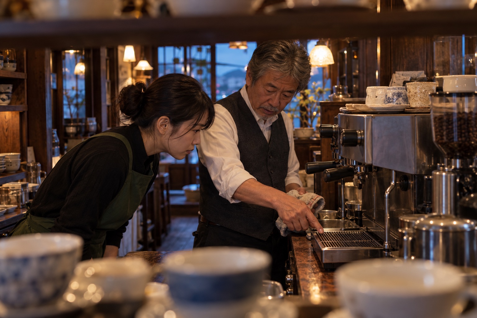 夕方の喫茶店でマシンの状態を引き継ぐ二人。AI生成のイメージで、実際の画面・事例・提供内容を示すものではありません。