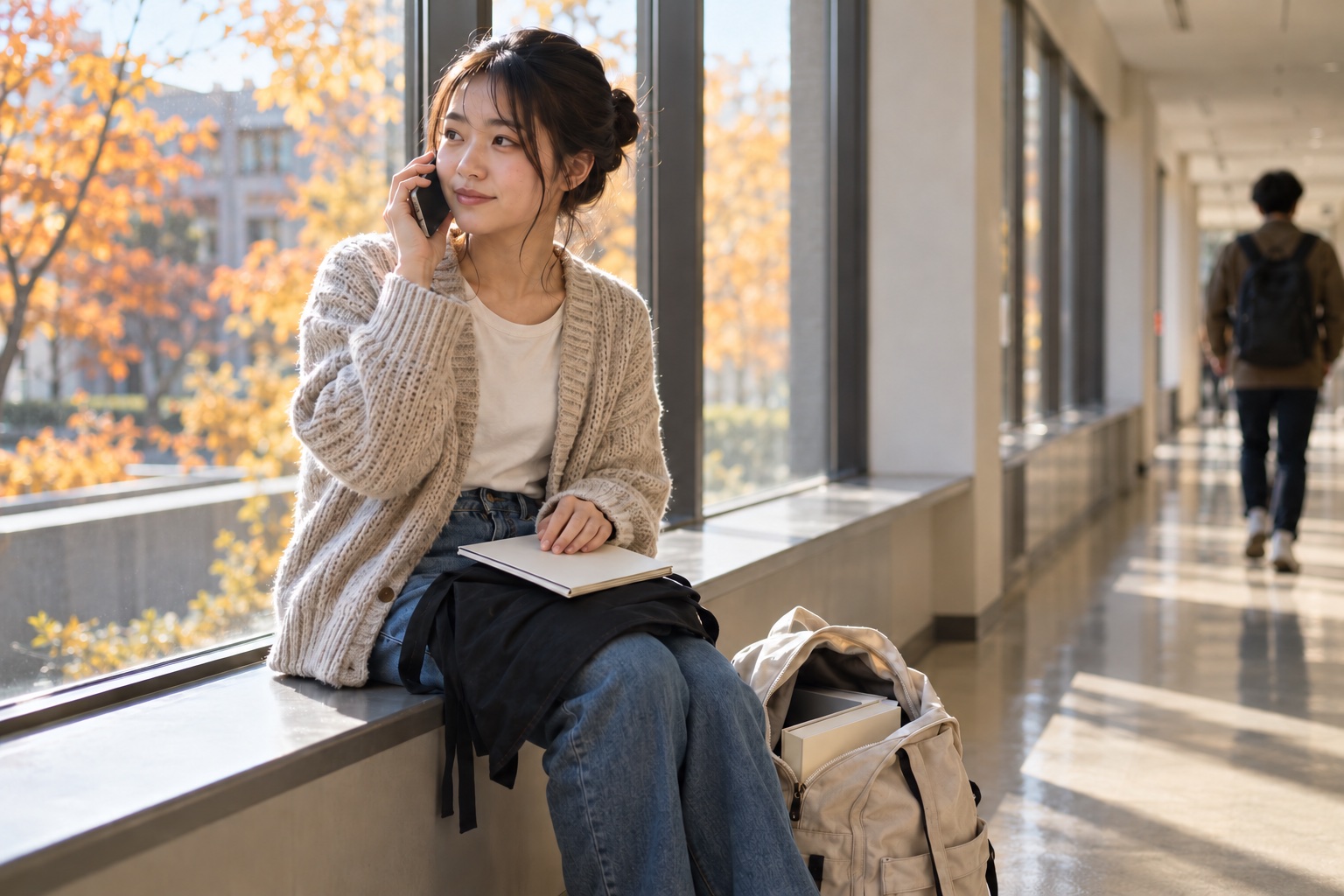 大学の廊下で授業とアルバイトの予定を調整する学生。AI生成のイメージで、実際の画面・事例・提供内容を示すものではありません。