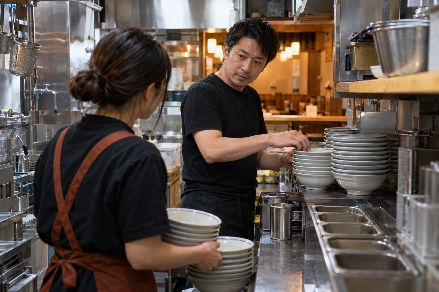 ラーメン店の厨房で補充の段取りを確認する店長。AI生成のイメージで、実際の画面・事例・提供内容を示すものではありません。