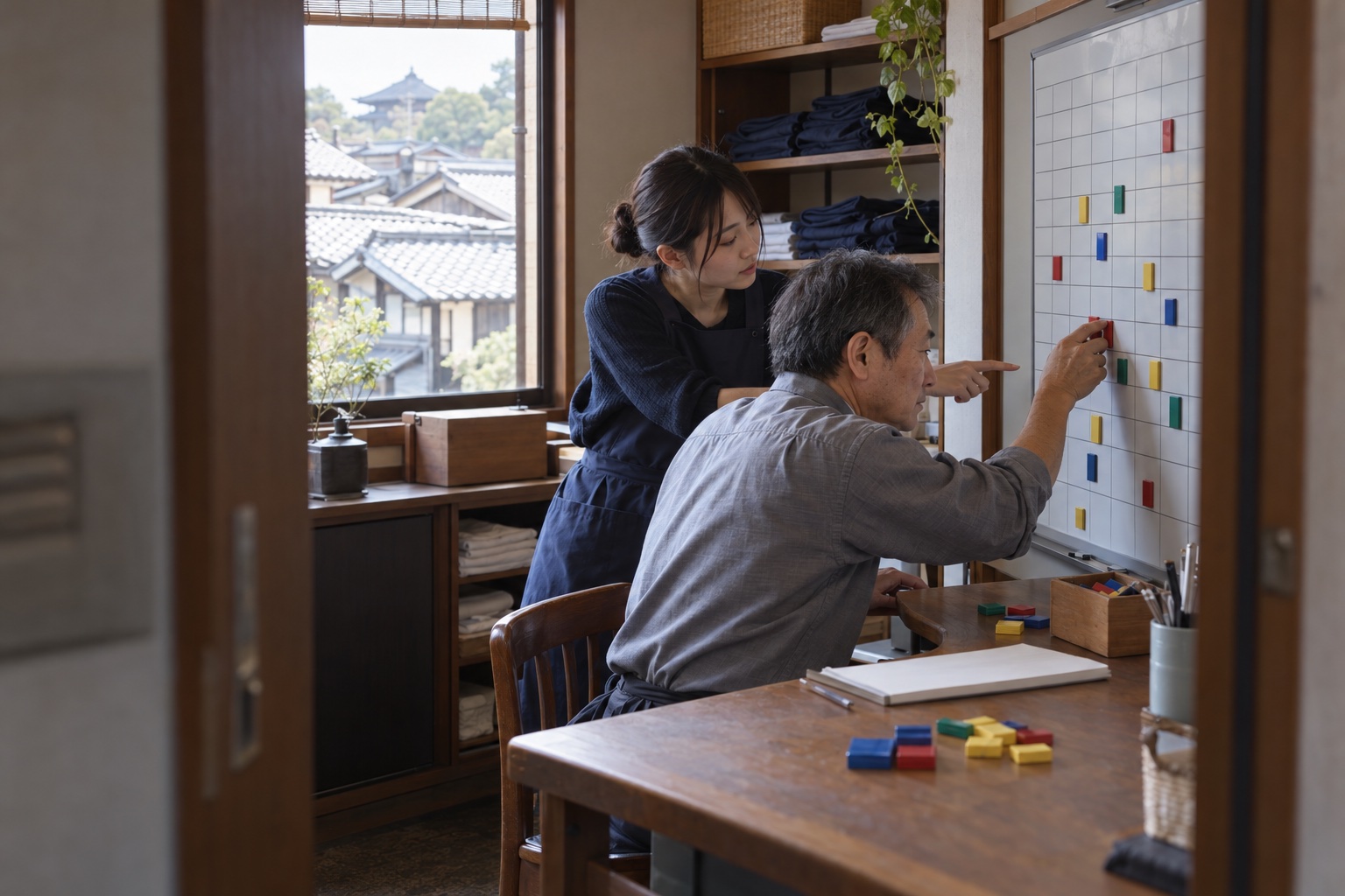 蕎麦屋の事務室で勤務を割り振る店主と学生。AI生成のイメージで、実際の画面・事例・提供内容を示すものではありません。
