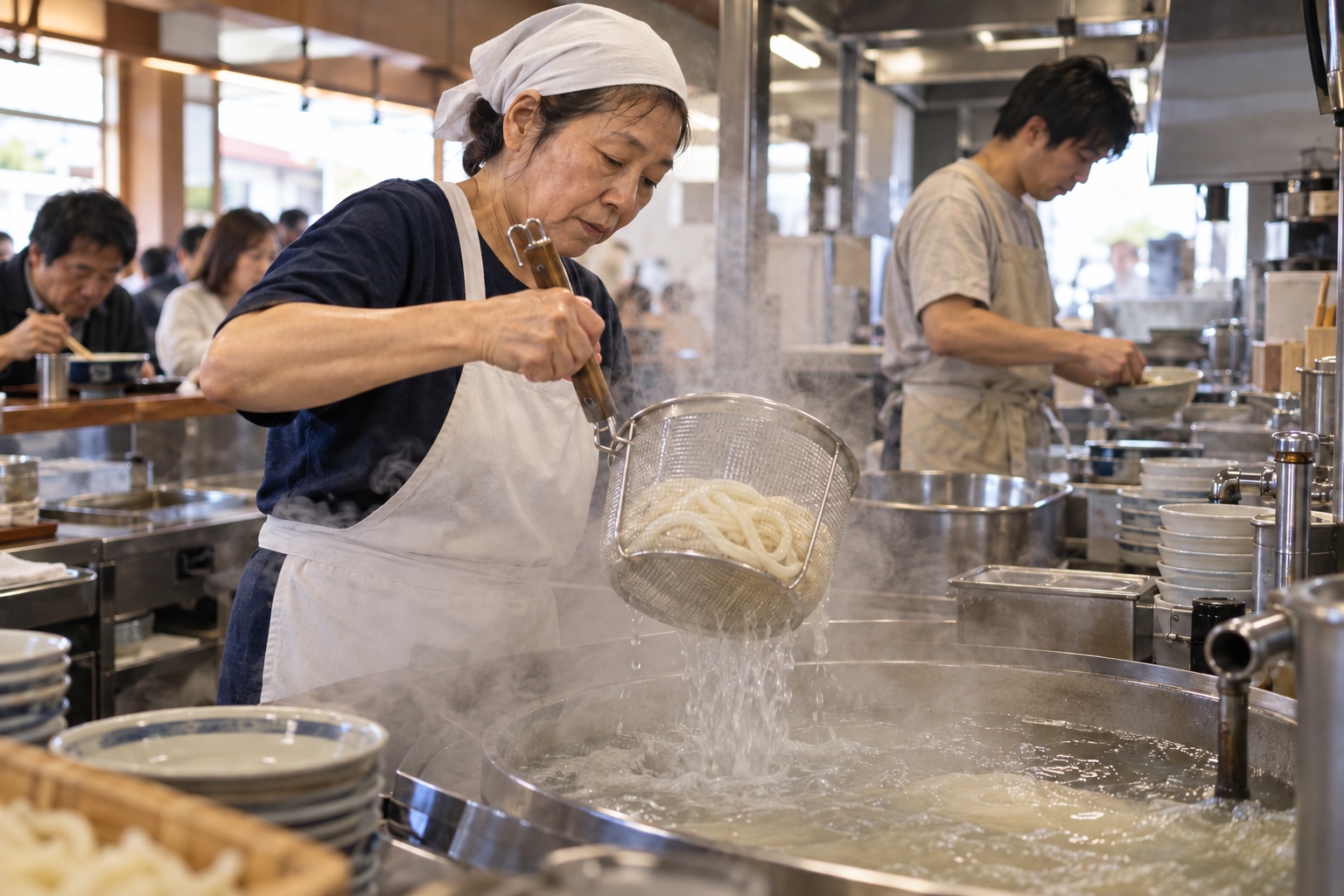 昼のうどん店で湯切りを続ける調理スタッフ。AI生成のイメージで、実際の画面・事例・提供内容を示すものではありません。