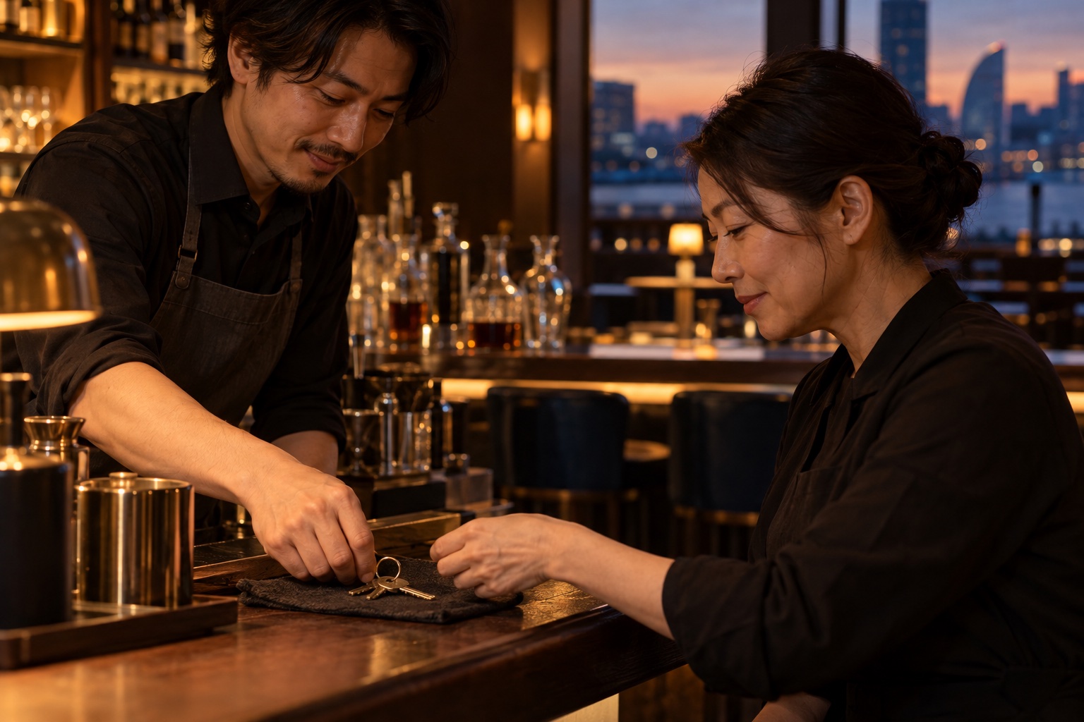 バーで鍵を引き継ぐ交代スタッフ。AI生成のイメージで、実際の画面・事例・提供内容を示すものではありません。