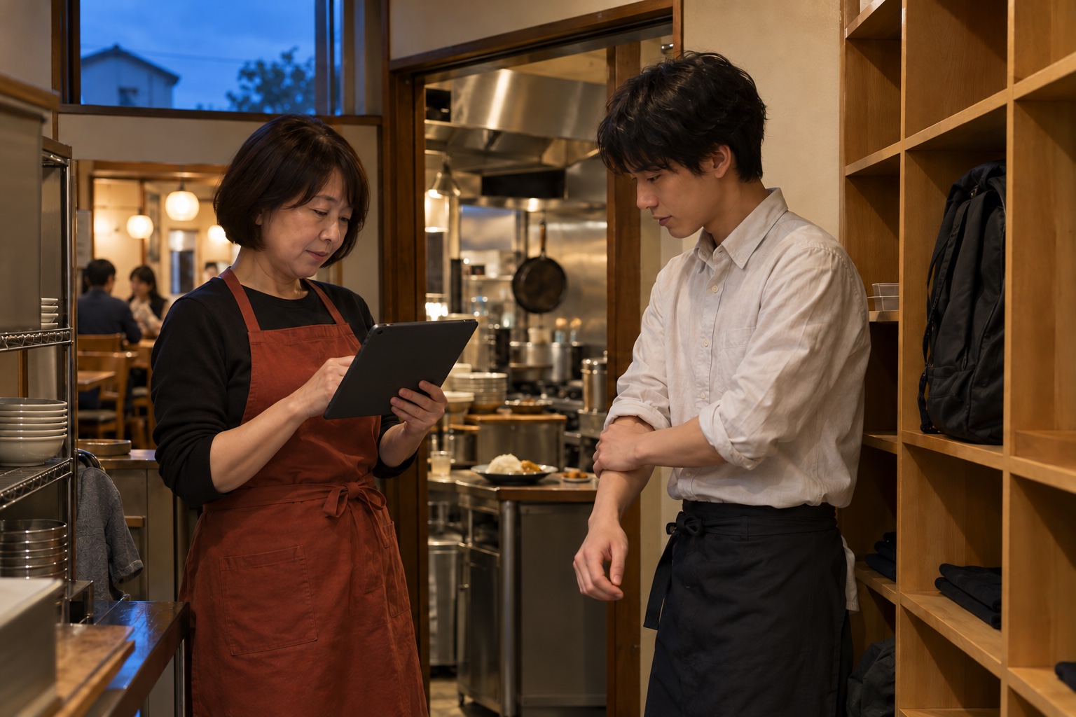カレー店で出勤した学生と勤務を確認する店長。AI生成のイメージで、実際の画面・事例・提供内容を示すものではありません。