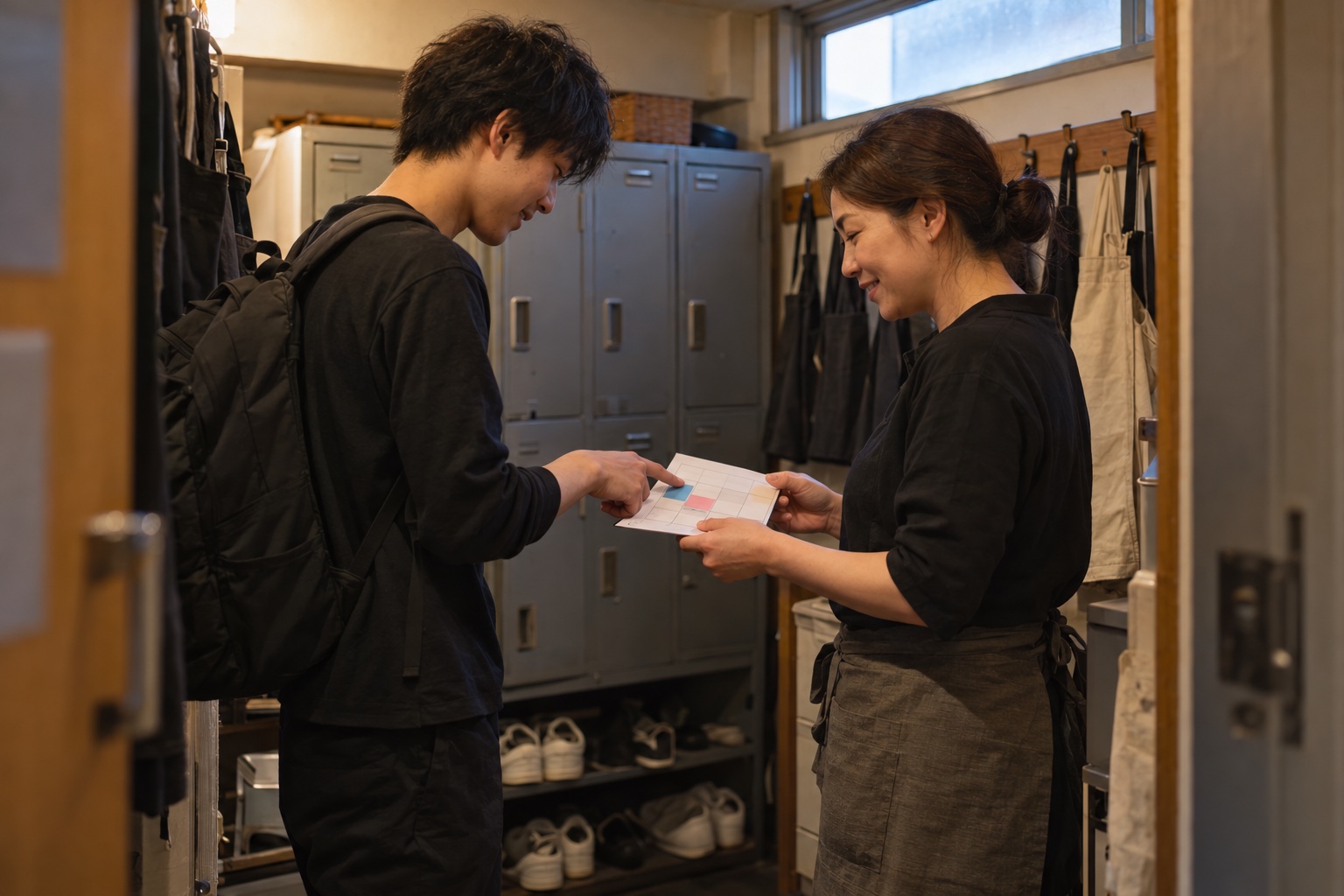 居酒屋の更衣室でシフト交換を相談する二人。AI生成のイメージで、実際の画面・事例・提供内容を示すものではありません。