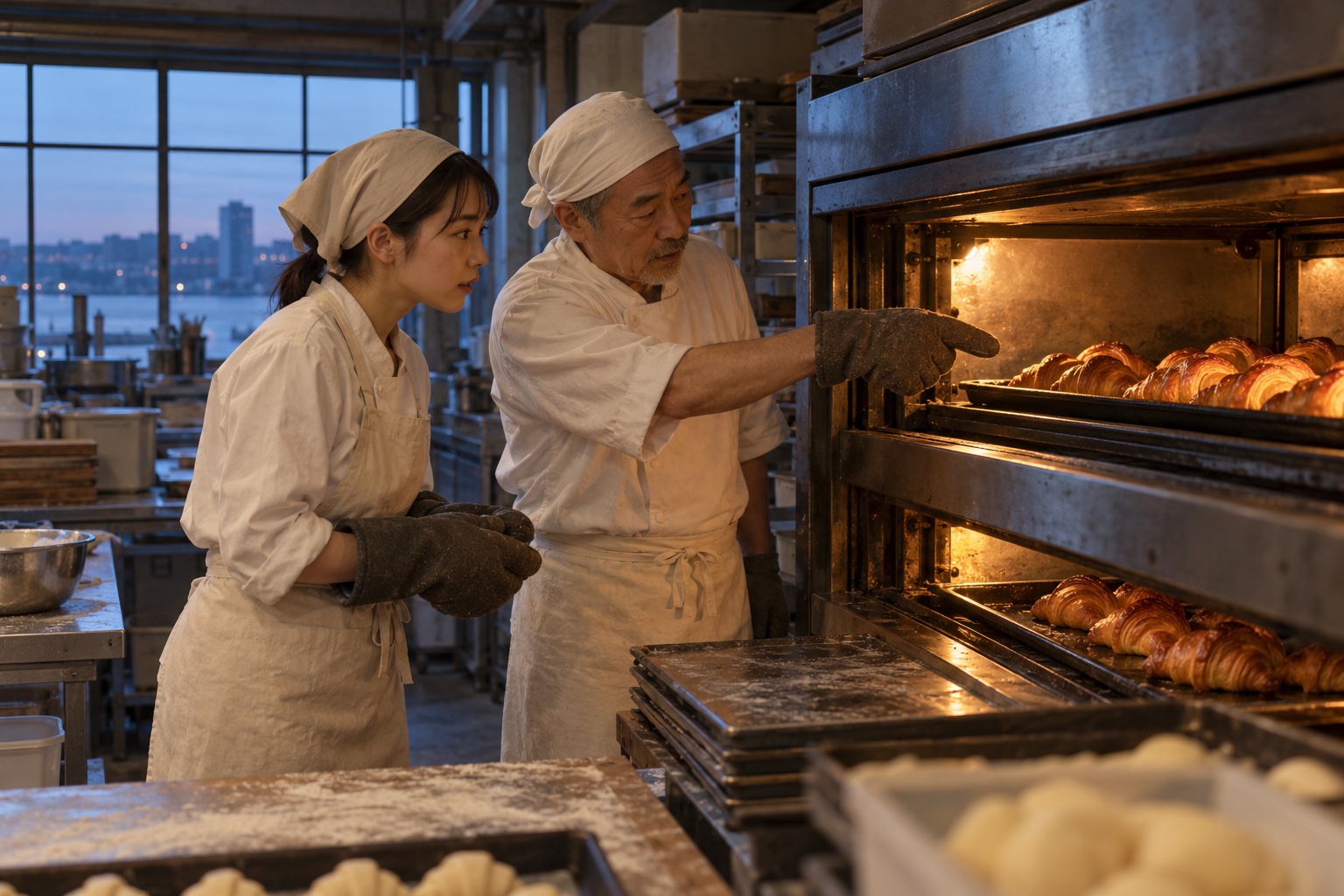 早朝のパン工房で新人に焼き加減を教える先輩。AI生成のイメージで、実際の画面・事例・提供内容を示すものではありません。