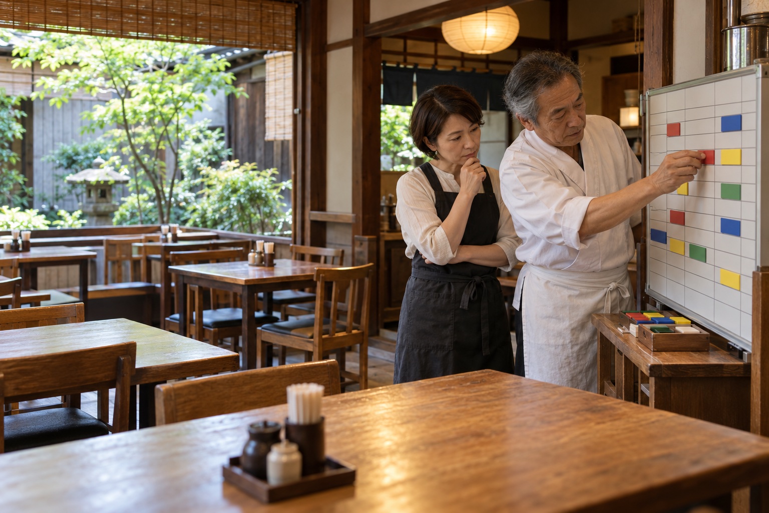 定食屋の店主と店長が勤務の割り振りを考える。AI生成のイメージで、実際の画面・事例・提供内容を示すものではありません。