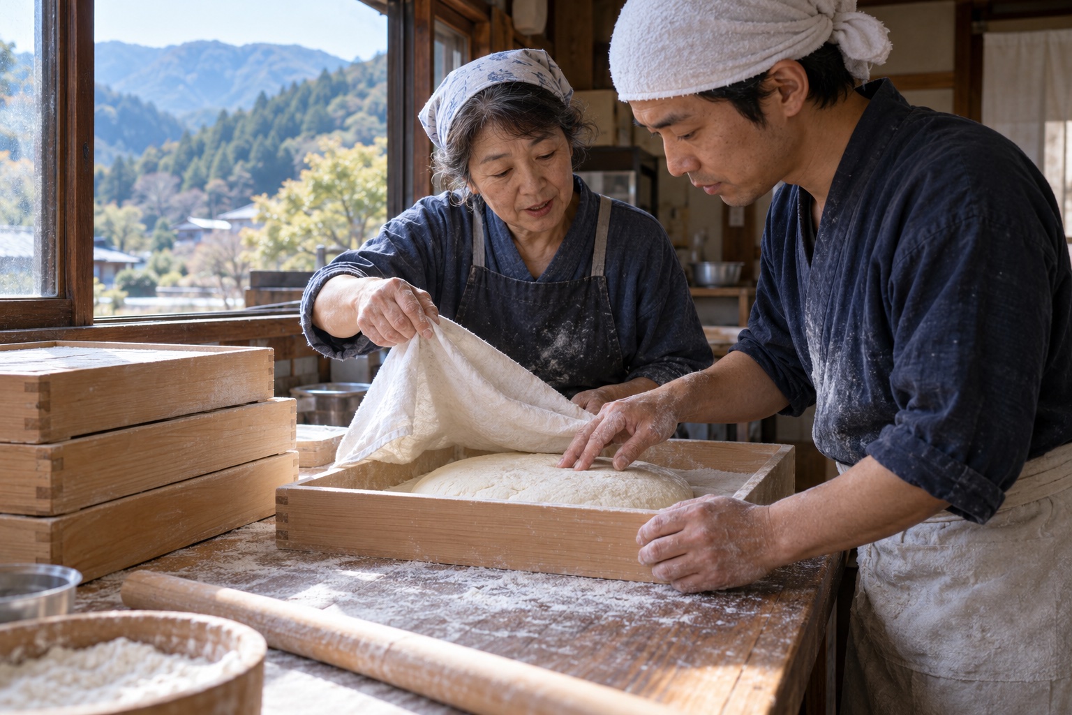 山里のうどん店で麺生地の仕込みを引き継ぐ。AI生成のイメージで、実際の画面・事例・提供内容を示すものではありません。