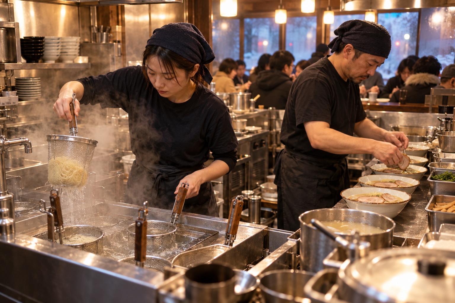 夕食時のラーメン店で麺を上げる調理スタッフ。AI生成のイメージで、実際の画面・事例・提供内容を示すものではありません。