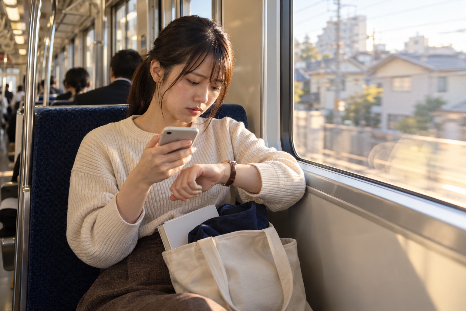 電車で授業後の勤務予定を確認する大学生。AI生成のイメージで、実際の画面・事例・提供内容を示すものではありません。