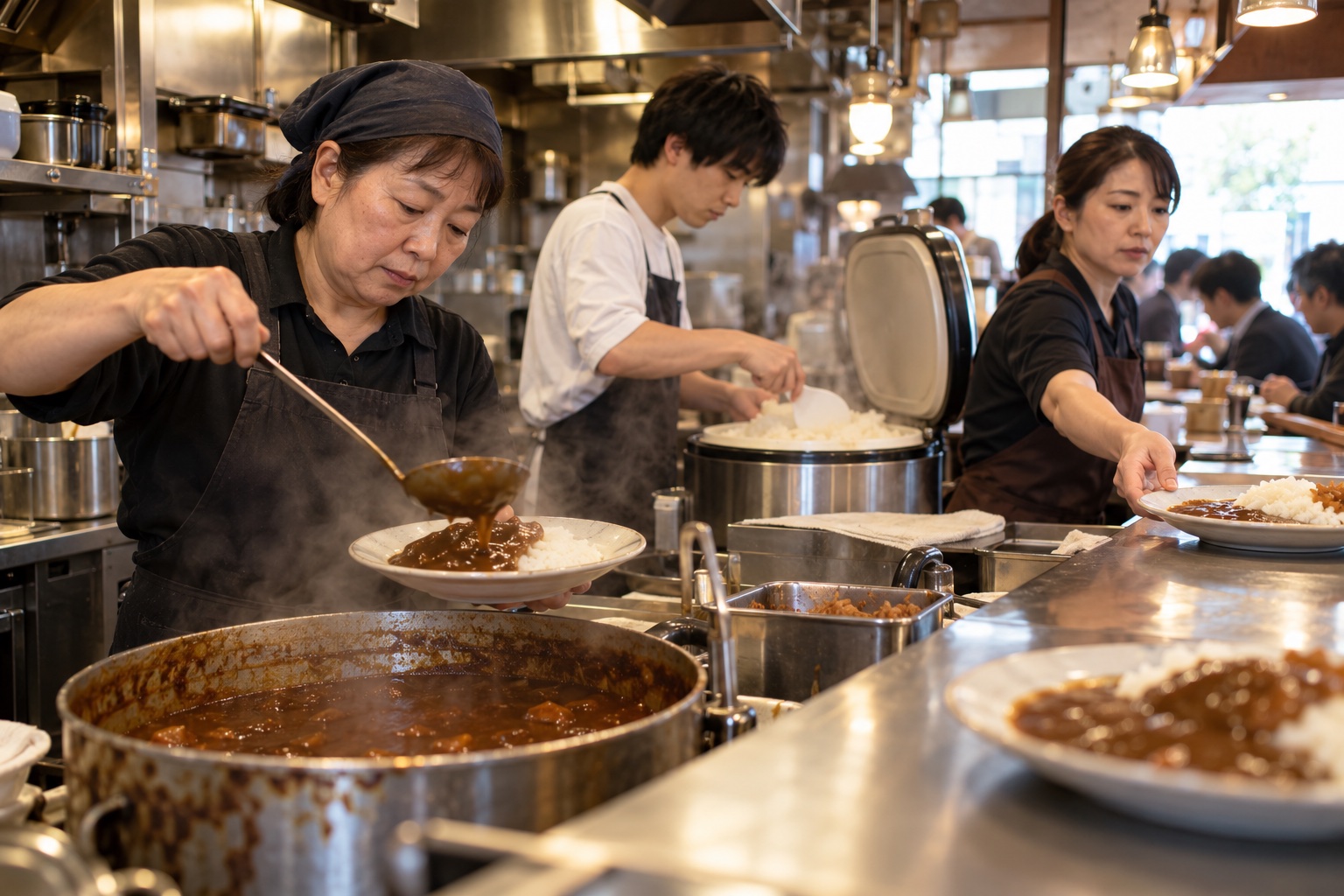 昼のカレー店で盛り付けとご飯の補充を進める。AI生成のイメージで、実際の画面・事例・提供内容を示すものではありません。