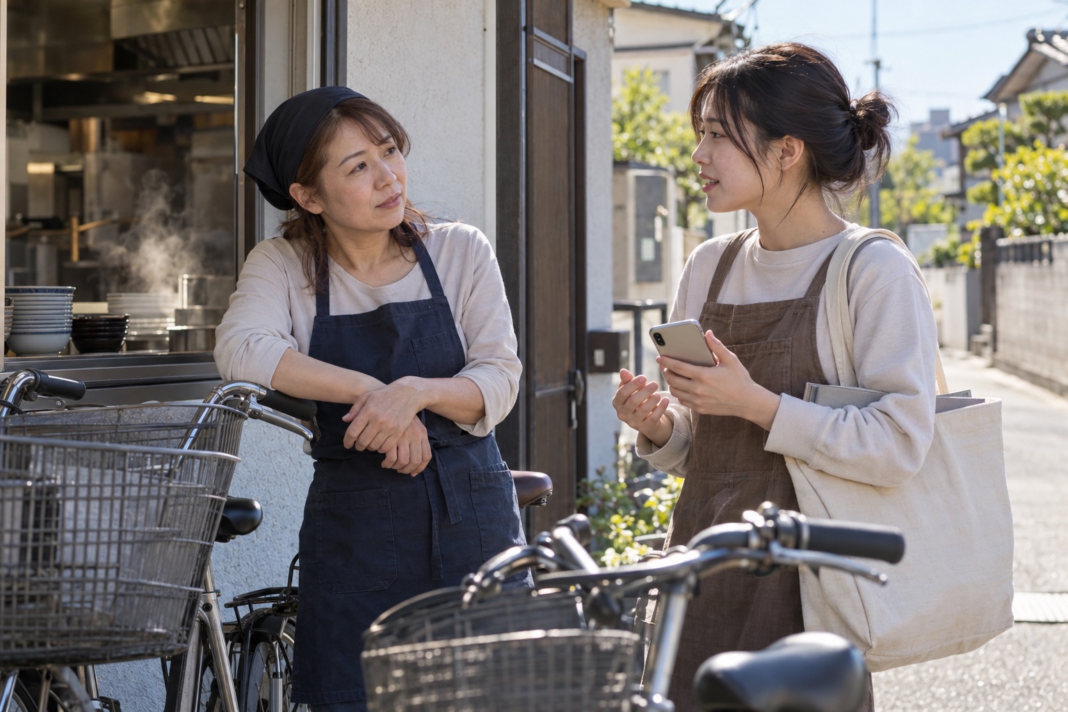うどん店の駐輪場でシフト交換を相談する二人。AI生成のイメージで、実際の画面・事例・提供内容を示すものではありません。