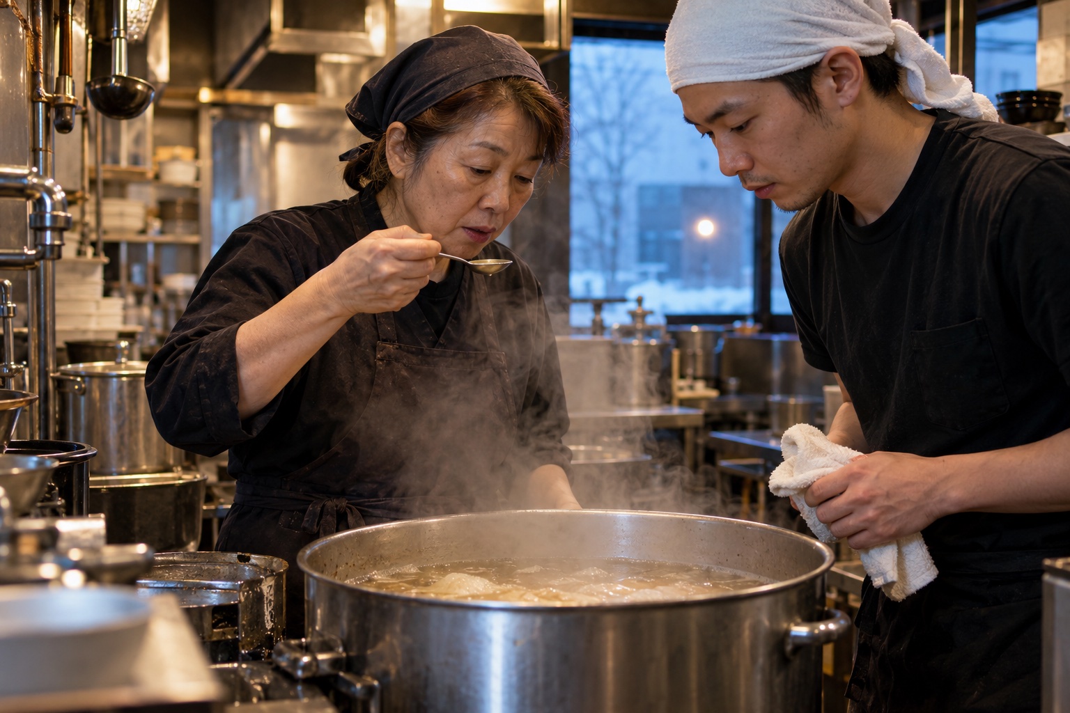 ラーメン店でスープの状態を引き継ぐ調理スタッフ。AI生成のイメージで、実際の画面・事例・提供内容を示すものではありません。
