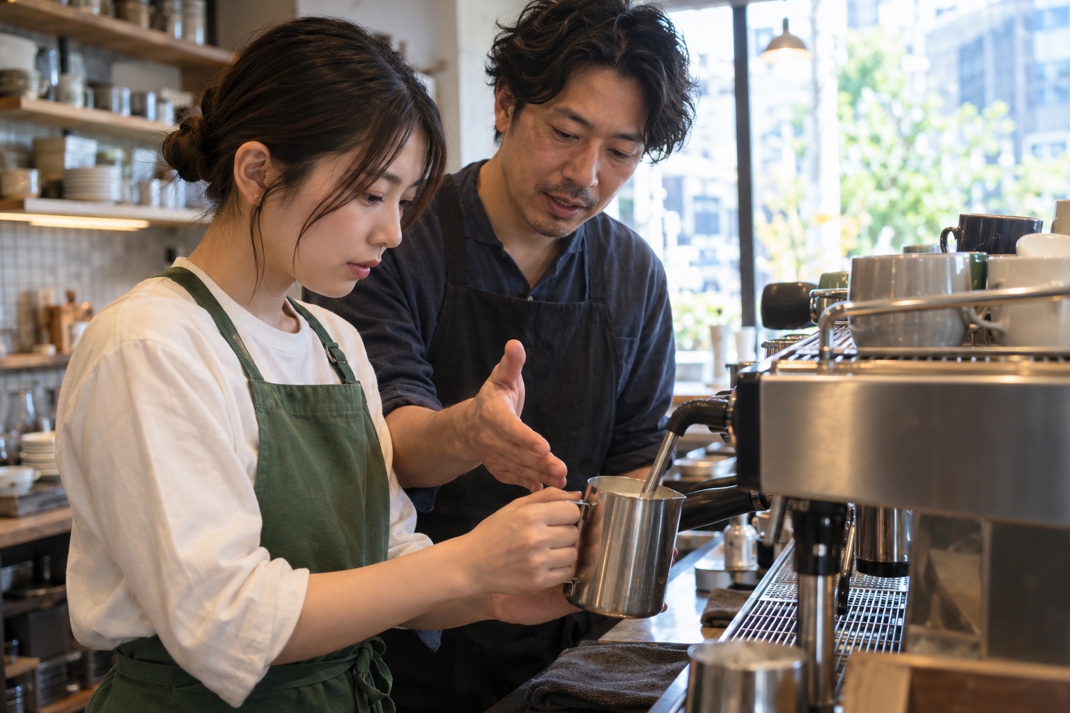 カフェでミルクの泡立て方を教わる新人。AI生成のイメージで、実際の画面・事例・提供内容を示すものではありません。
