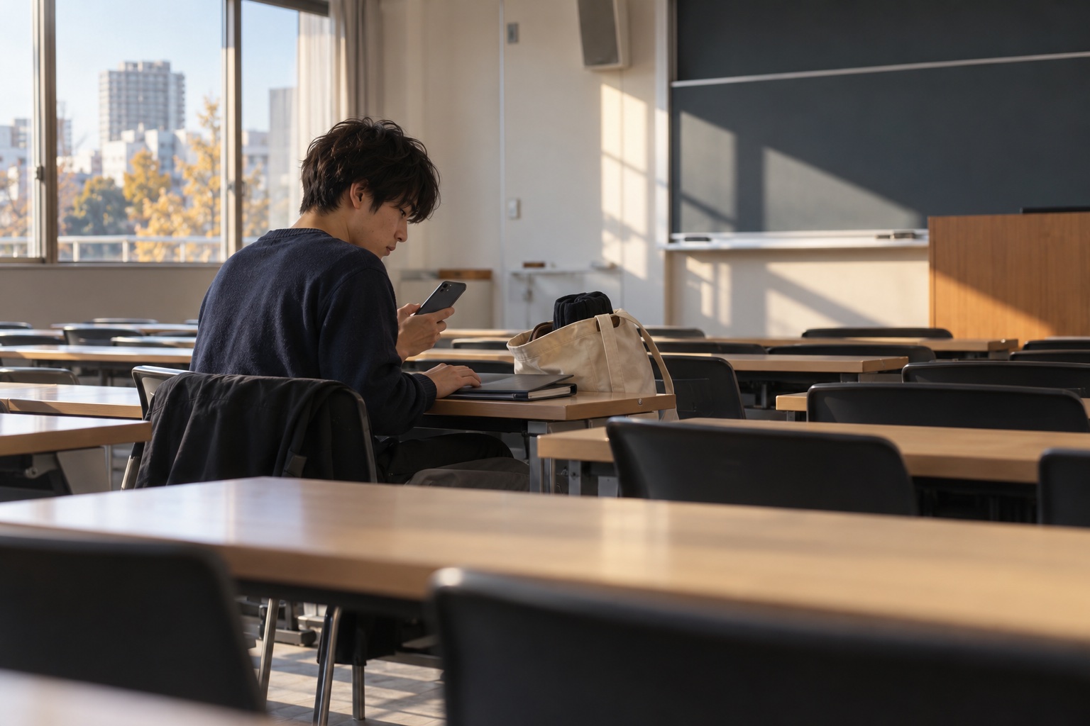 放課後の講義室でバイトの予定を確かめる学生。AI生成のイメージで、実際の画面・事例・提供内容を示すものではありません。