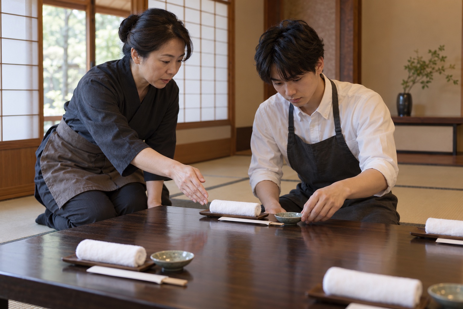 和食店の座敷で席の整え方を教わる新人。AI生成のイメージで、実際の画面・事例・提供内容を示すものではありません。