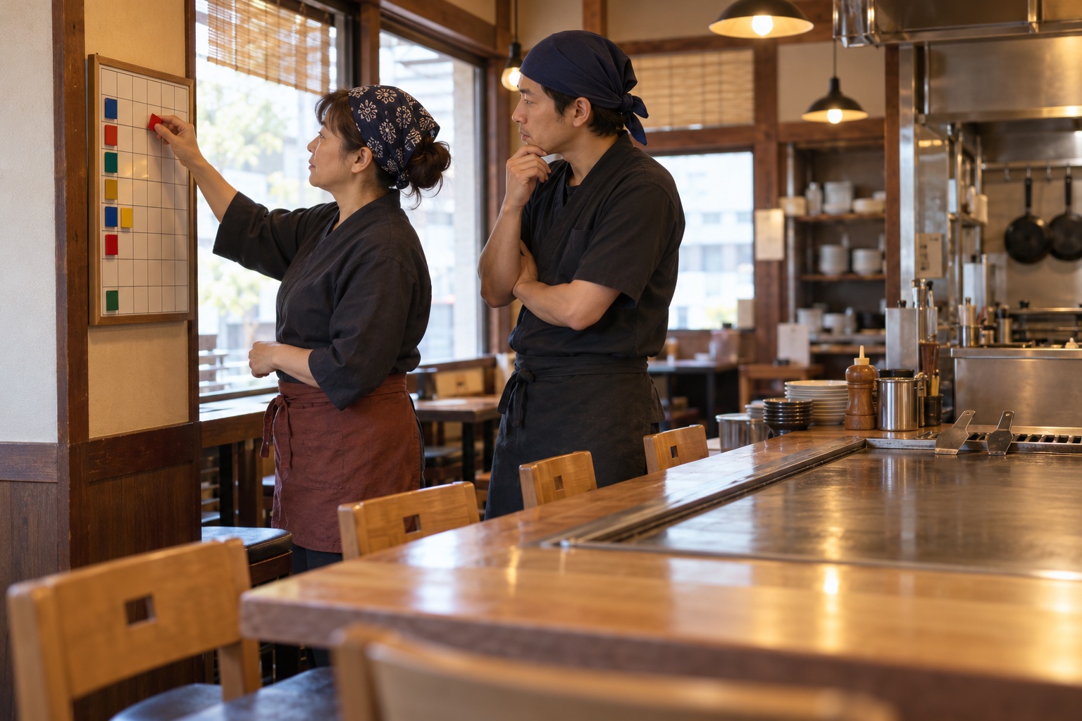 お好み焼き店で勤務を組む店主と店長。AI生成のイメージで、実際の画面・事例・提供内容を示すものではありません。