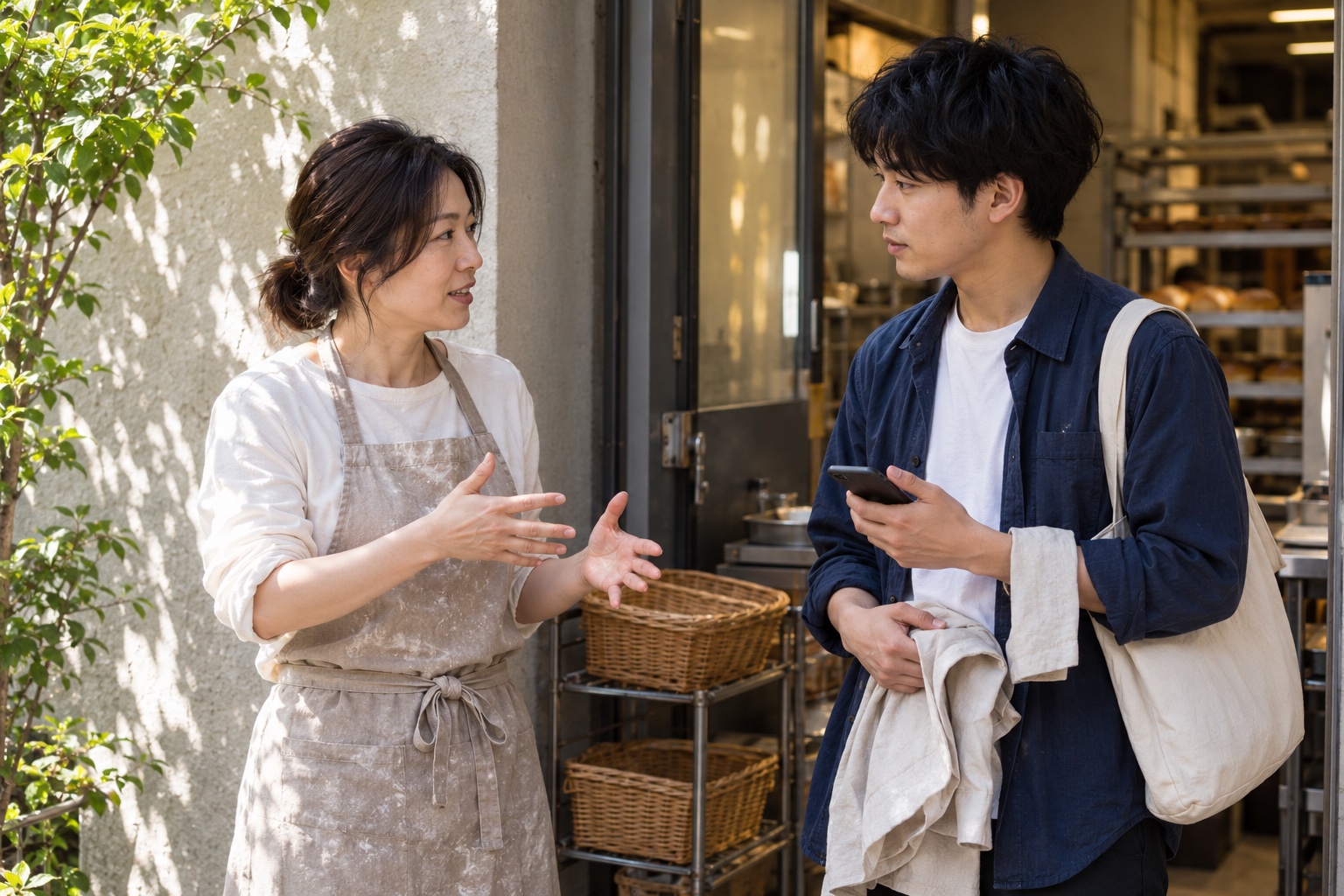 パン屋の脇口でシフト交換を相談する二人。AI生成のイメージで、実際の画面・事例・提供内容を示すものではありません。