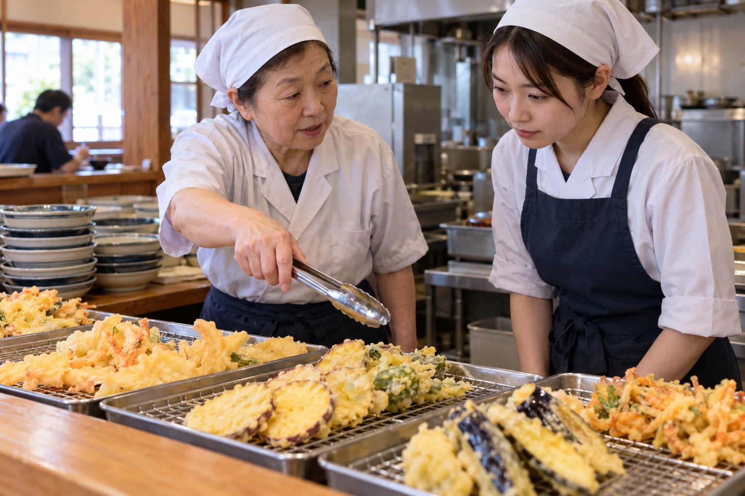うどん店で天ぷらの準備を引き継ぐ二人。AI生成のイメージで、実際の画面・事例・提供内容を示すものではありません。