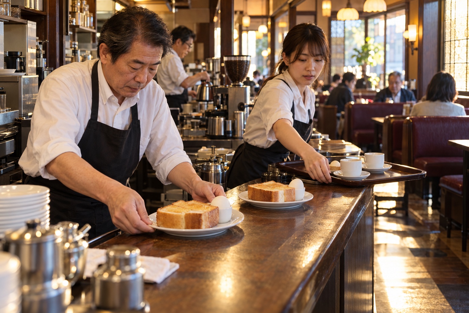 朝の喫茶店でモーニングを準備するスタッフ。AI生成のイメージで、実際の画面・事例・提供内容を示すものではありません。