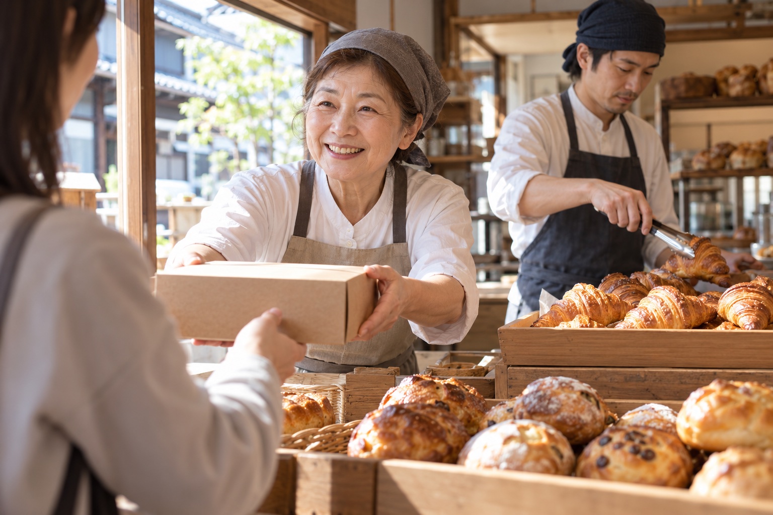 昼のパン屋で接客と品出しを進めるスタッフ。AI生成のイメージで、実際の画面・事例・提供内容を示すものではありません。