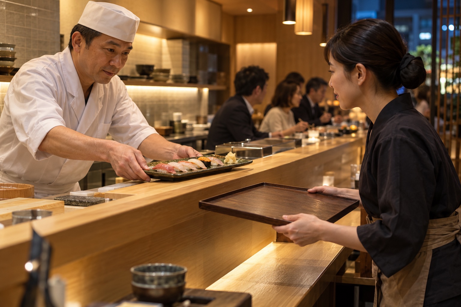 夕食時の寿司店で料理をつなぐ板前と店員。AI生成のイメージで、実際の画面・事例・提供内容を示すものではありません。