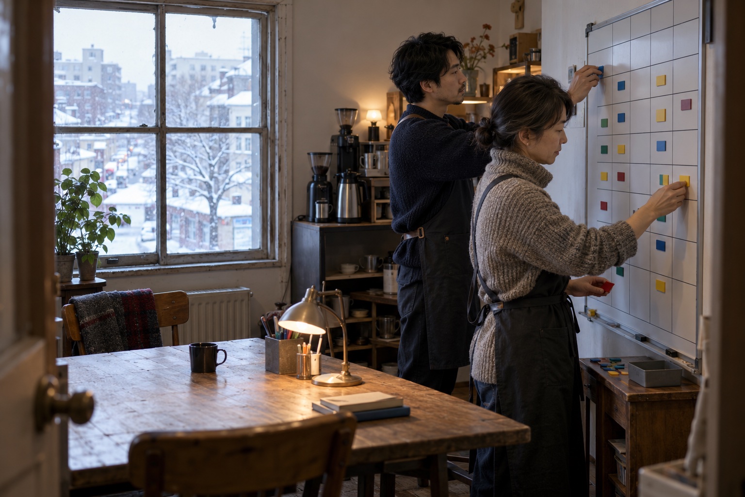 雪の朝のカフェで勤務を組む店主と店長。AI生成のイメージで、実際の画面・事例・提供内容を示すものではありません。