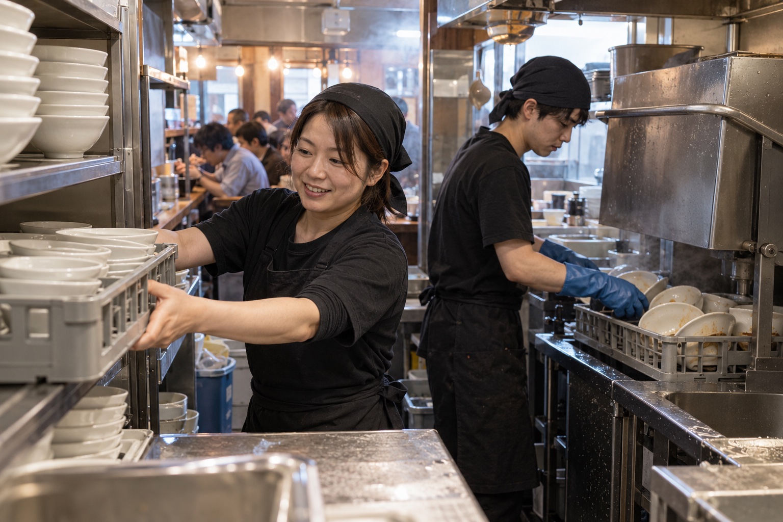 昼のラーメン店で洗い場を連携して回すスタッフ。AI生成のイメージで、実際の画面・事例・提供内容を示すものではありません。
