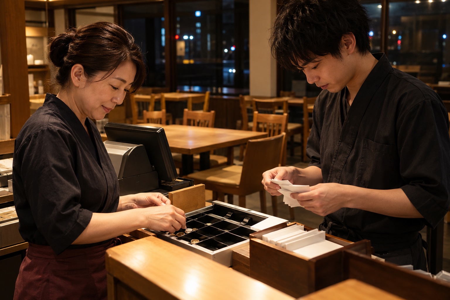 閉店後の和食店でレジを締める店長とスタッフ。AI生成のイメージで、実際の画面・事例・提供内容を示すものではありません。