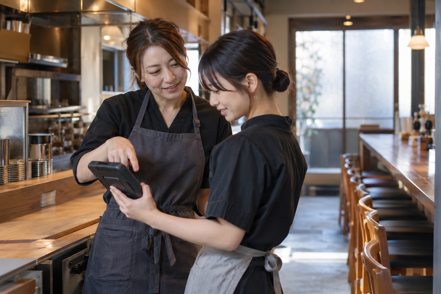 開店前の居酒屋で新人が端末の操作を教わる。AI生成のイメージで、実際の画面・事例・提供内容を示すものではありません。