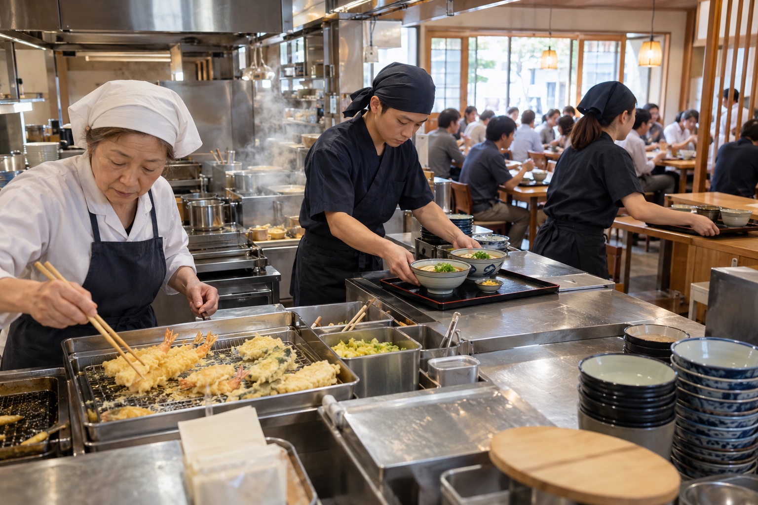 昼のうどん店で天ぷらと配膳を連携する三人。AI生成のイメージで、実際の画面・事例・提供内容を示すものではありません。