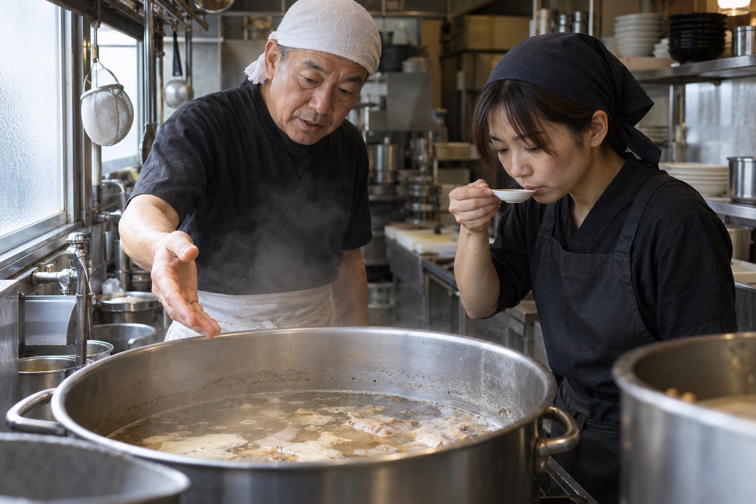 ラーメン店でスープの仕上がりを引き継ぐ二人。AI生成のイメージで、実際の画面・事例・提供内容を示すものではありません。