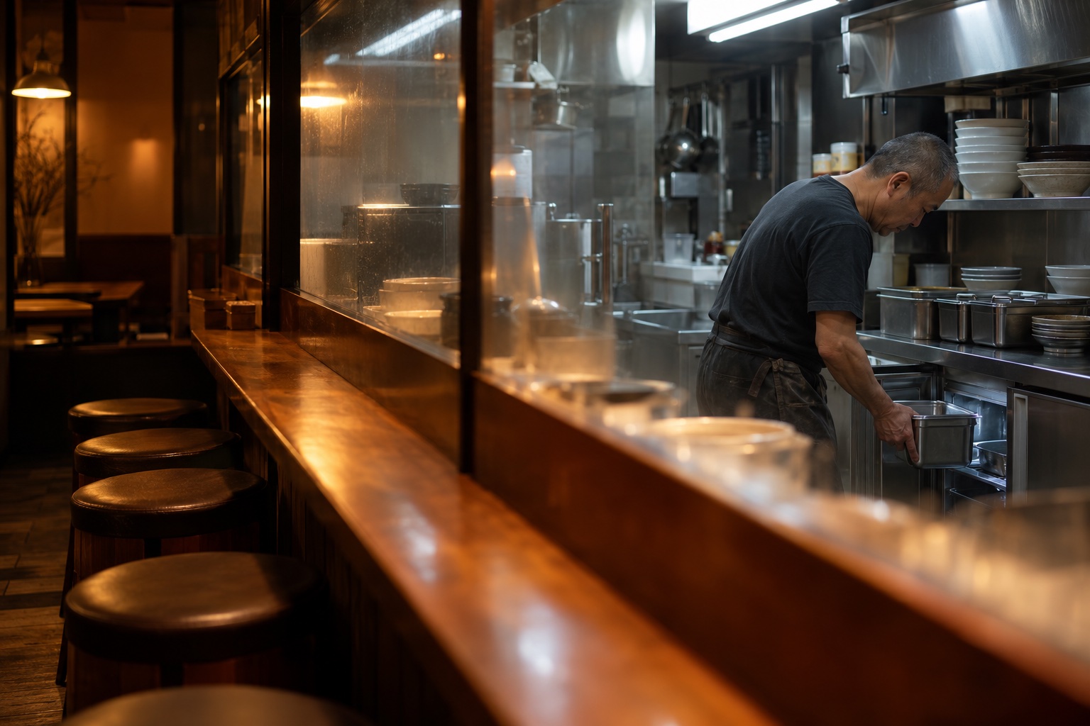 閉店後のラーメン店で食材を片付ける店員。AI生成のイメージで、実際の画面・事例・提供内容を示すものではありません。
