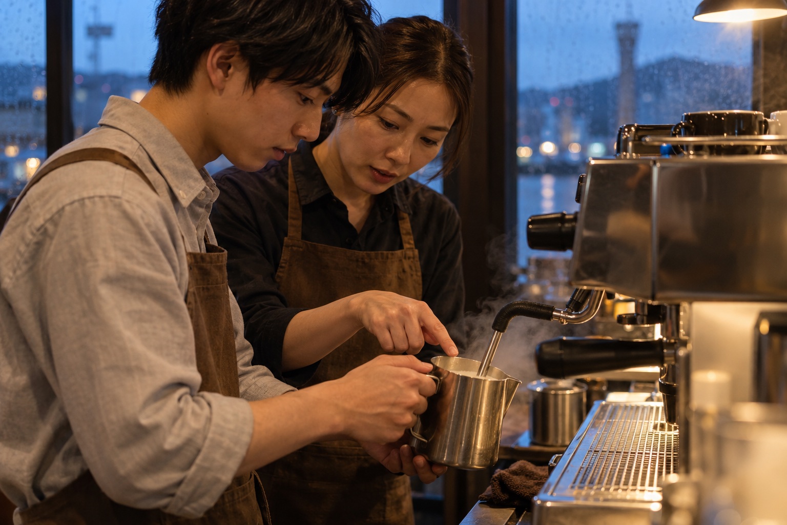 夜のカフェでミルクの泡立てを教わる新人。AI生成のイメージで、実際の画面・事例・提供内容を示すものではありません。