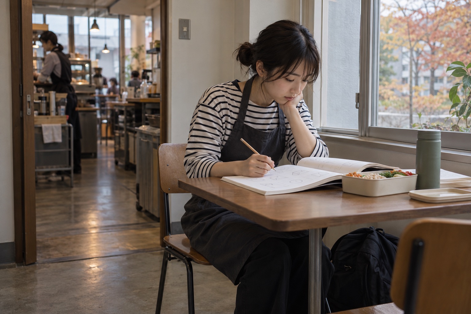 大学カフェの休憩中に勉強する学生スタッフ。AI生成のイメージで、実際の画面・事例・提供内容を示すものではありません。
