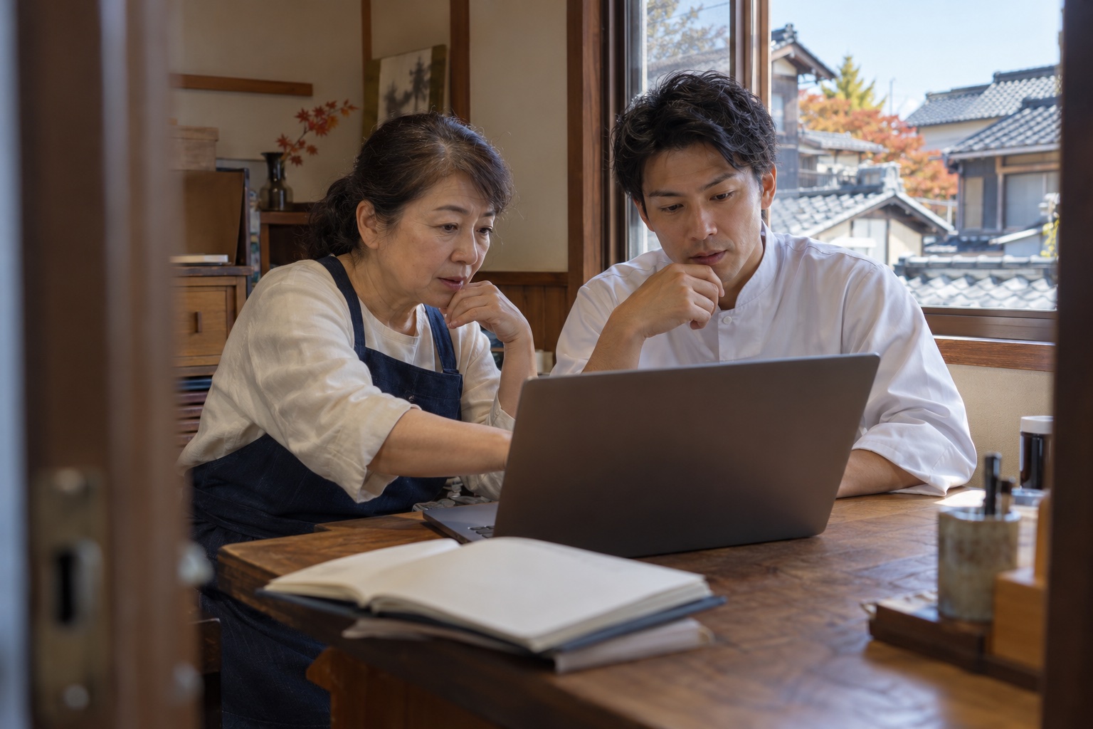 寿司店の事務所で勤務を組む店主と店長。AI生成のイメージで、実際の画面・事例・提供内容を示すものではありません。