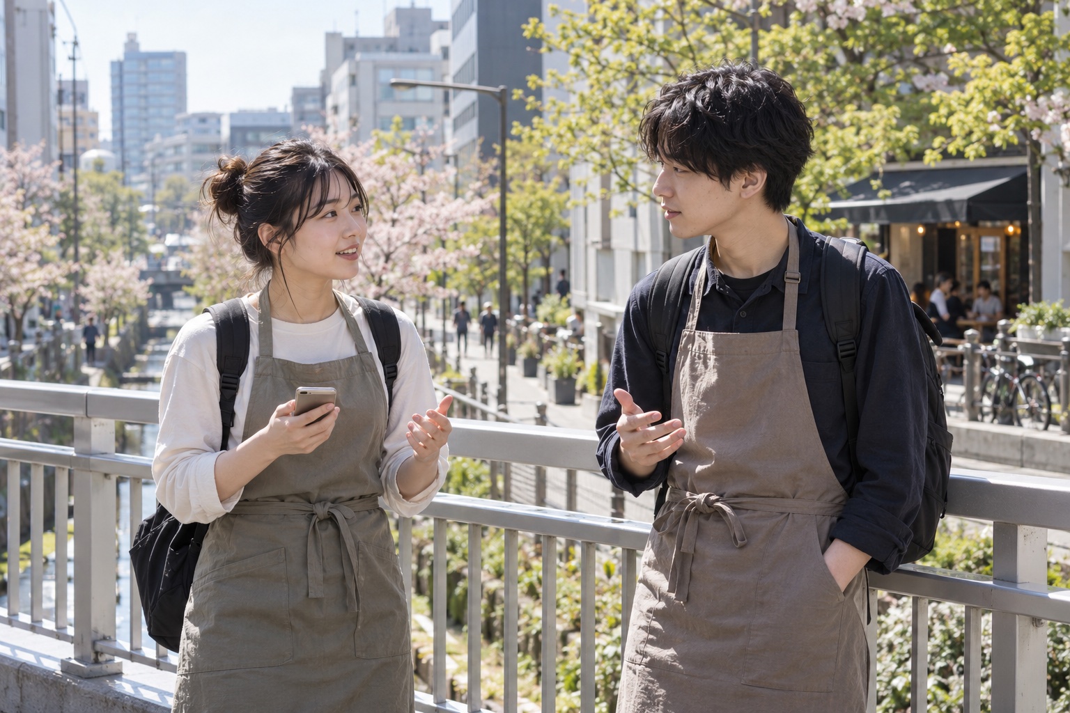 歩道橋で勤務交代を相談するカフェの学生スタッフ。AI生成のイメージで、実際の画面・事例・提供内容を示すものではありません。