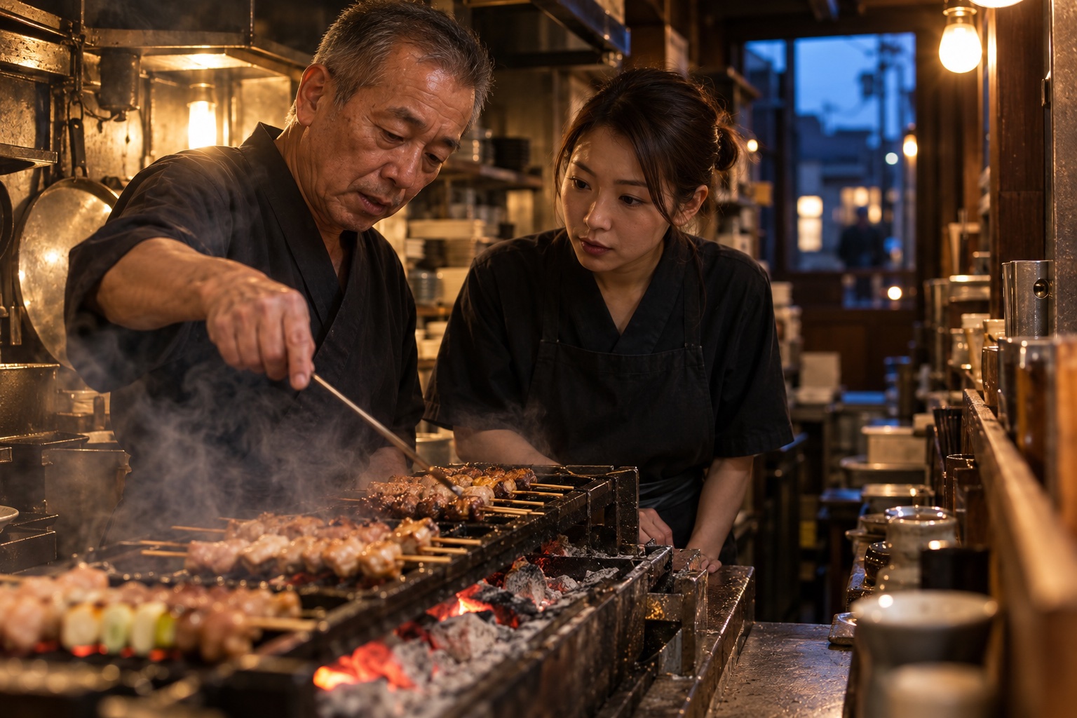 夕暮れの居酒屋で焼き場を引き継ぐ料理人。AI生成のイメージで、実際の画面・事例・提供内容を示すものではありません。