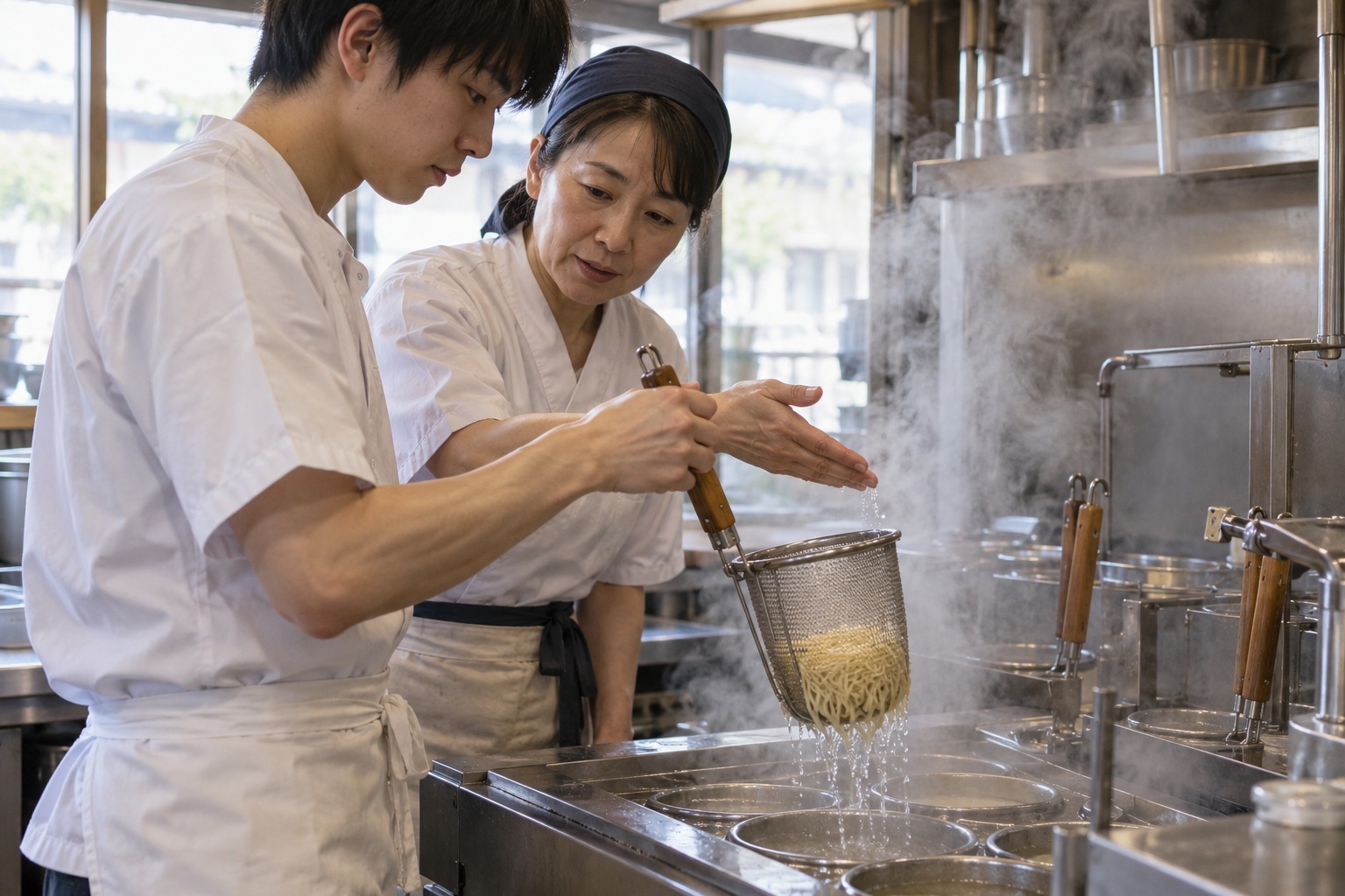 朝のラーメン店で麺の湯切りを学ぶ新人。AI生成のイメージで、実際の画面・事例・提供内容を示すものではありません。