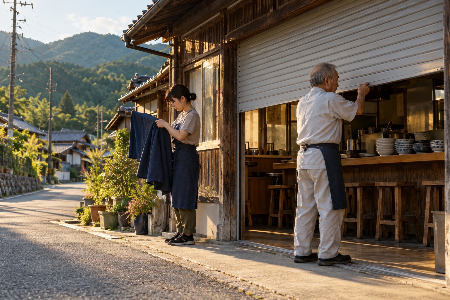 午後のうどん店で暖簾を畳み店じまいする二人。AI生成のイメージで、実際の画面・事例・提供内容を示すものではありません。