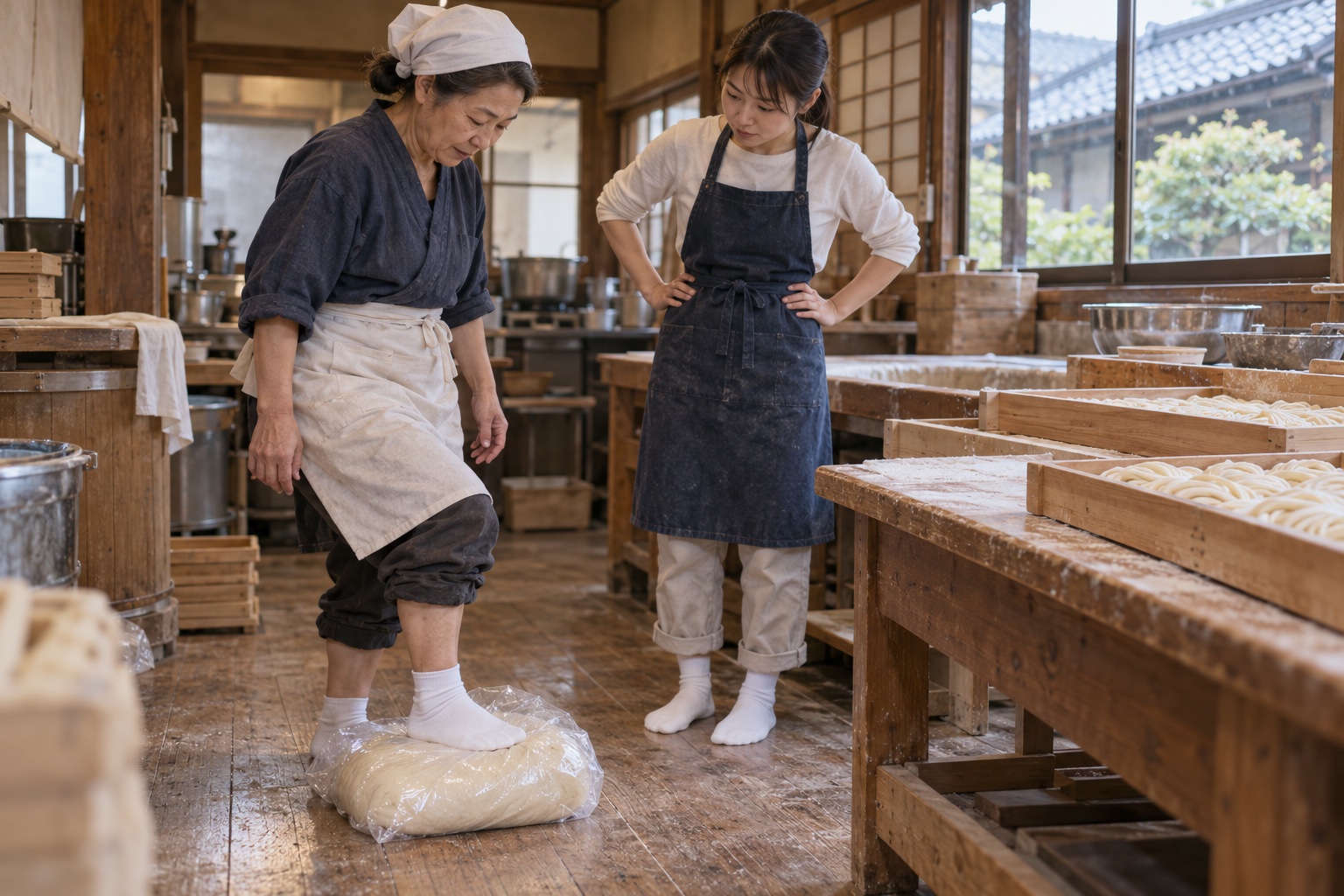 うどんの足踏みを新人に教えるベテラン店員。AI生成のイメージで、実際の画面・事例・提供内容を示すものではありません。