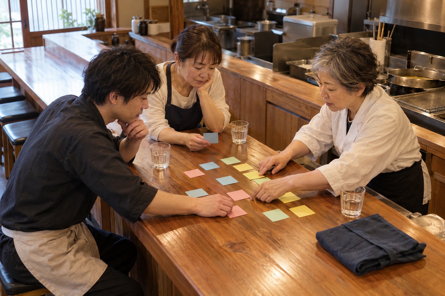 天ぷら店で勤務希望をすり合わせる店主と店員。AI生成のイメージで、実際の画面・事例・提供内容を示すものではありません。