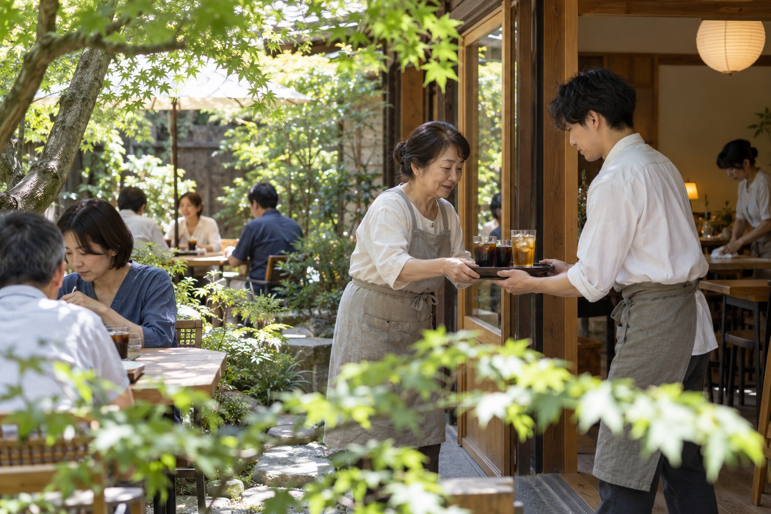 庭のあるカフェで冷たい飲み物をつなぐ店員。AI生成のイメージで、実際の画面・事例・提供内容を示すものではありません。