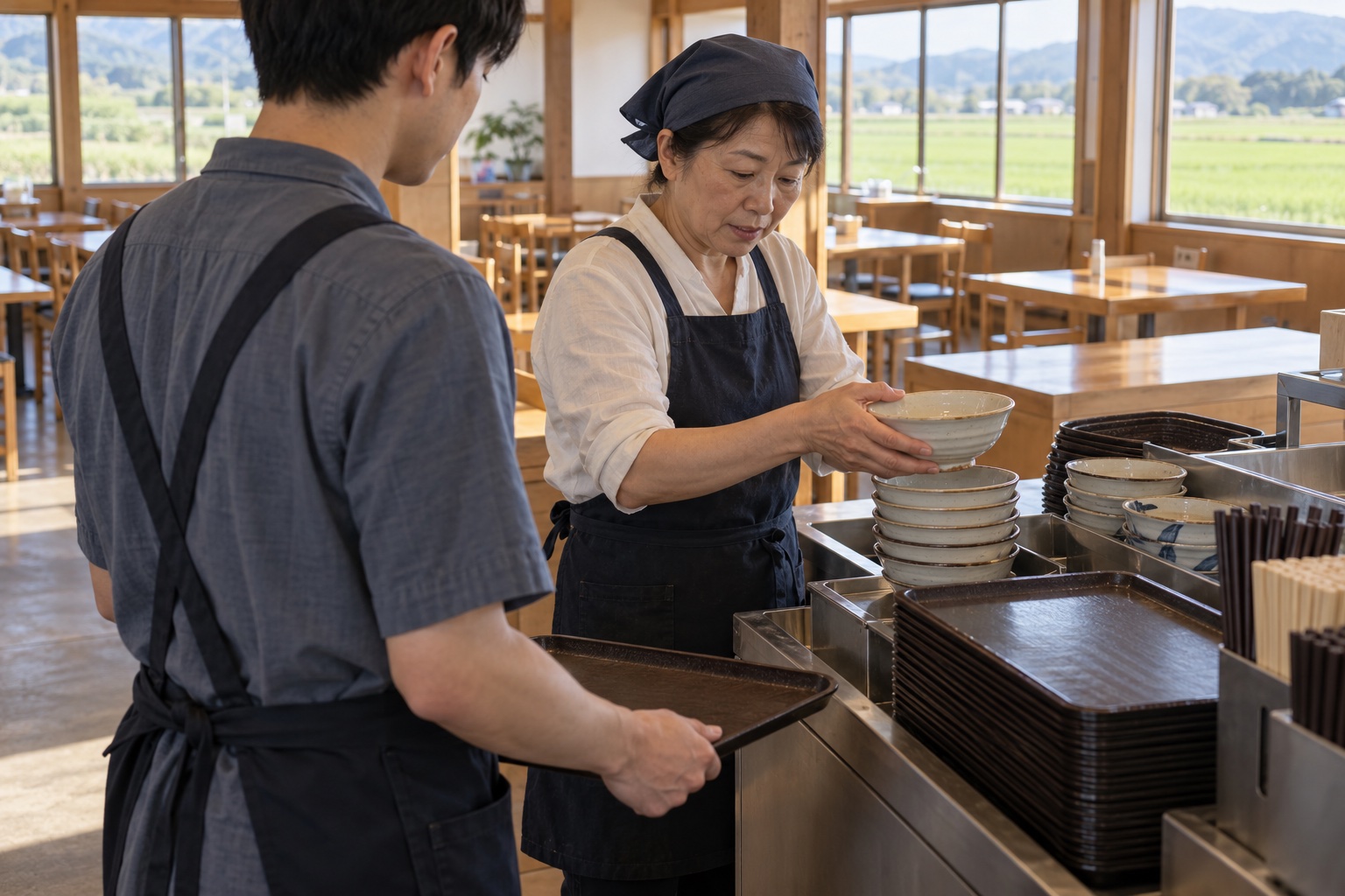 うどん店の返却口で片付けを学ぶ新人。AI生成のイメージで、実際の画面・事例・提供内容を示すものではありません。