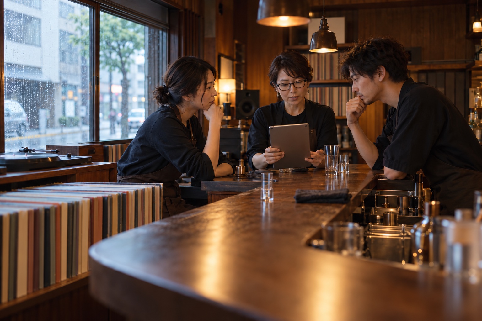 昼の音楽バーで勤務希望を確認する三人。AI生成のイメージで、実際の画面・事例・提供内容を示すものではありません。