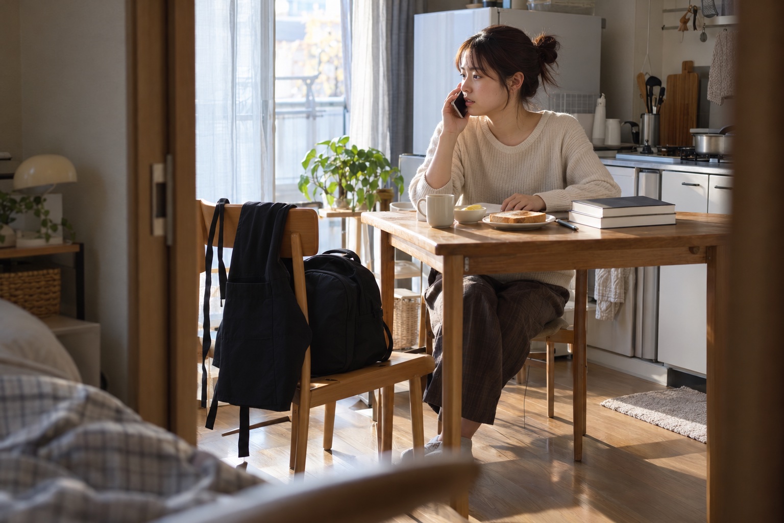 自宅で授業とカフェの勤務を調整する大学生。AI生成のイメージで、実際の画面・事例・提供内容を示すものではありません。