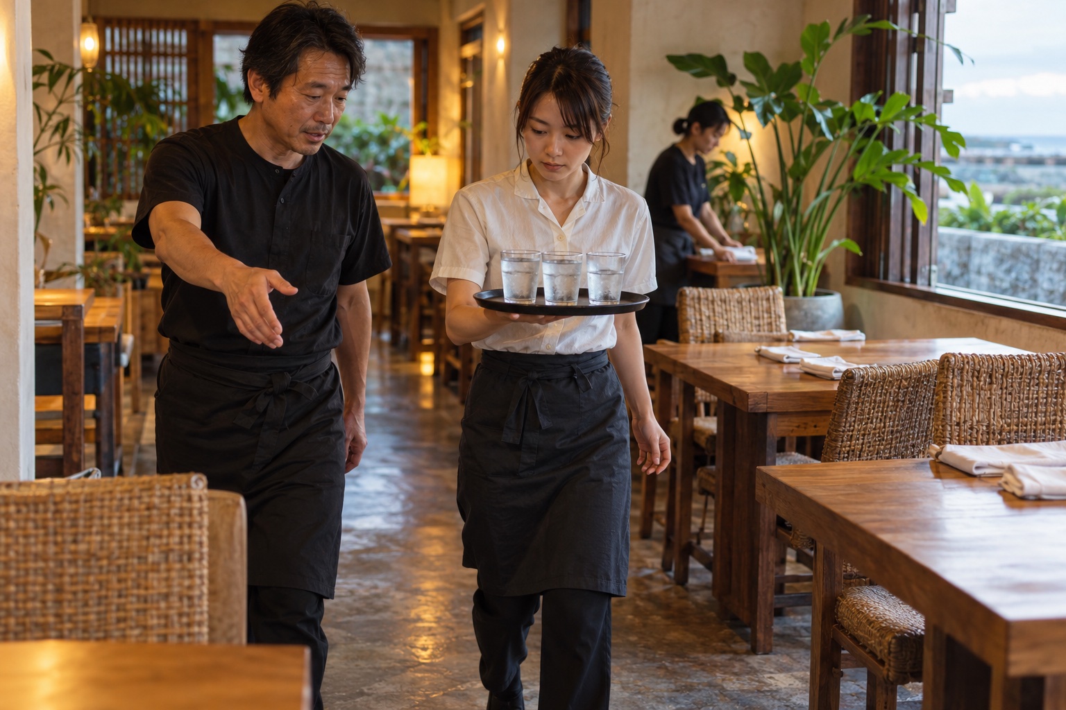 沖縄の食堂で水の運び方を練習する新人。AI生成のイメージで、実際の画面・事例・提供内容を示すものではありません。