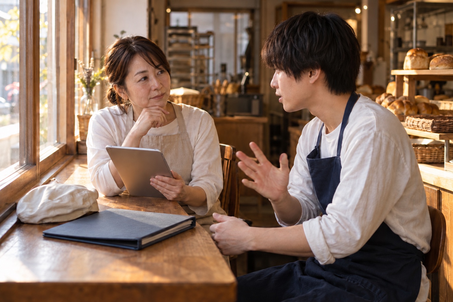 パン屋の窓辺で翌週のシフトを相談する店長と学生。AI生成のイメージで、実際の画面・事例・提供内容を示すものではありません。