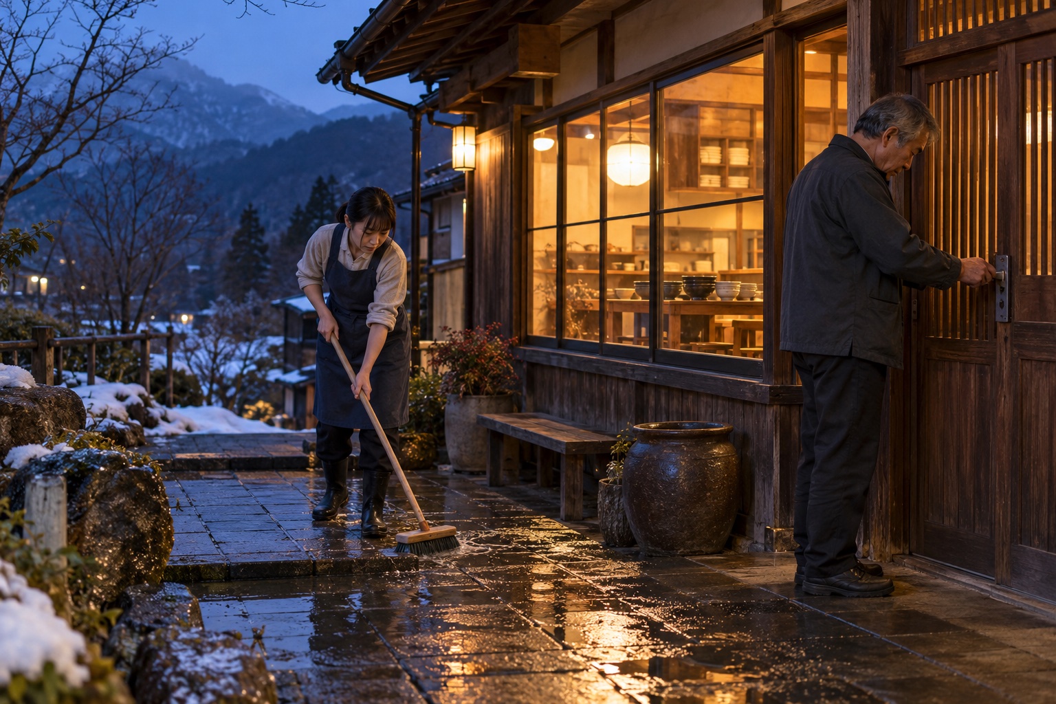 冬の山里のうどん店で戸締まりと掃除をする二人。AI生成のイメージで、実際の画面・事例・提供内容を示すものではありません。
