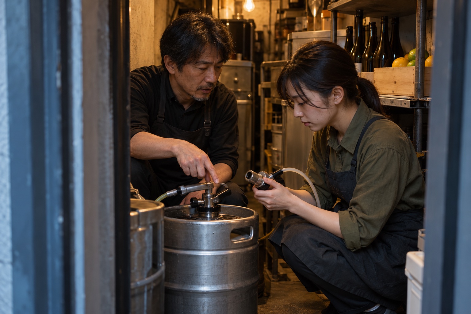 地下バーで樽の扱いを教わる新人スタッフ。AI生成のイメージで、実際の画面・事例・提供内容を示すものではありません。
