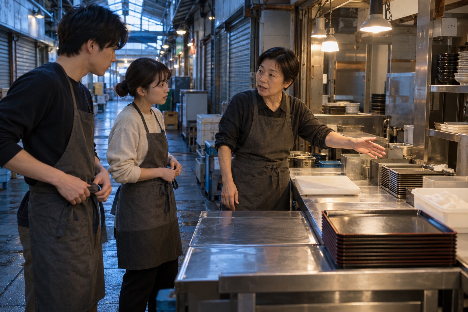 夜明け前の市場食堂で持ち場を確認する三人。AI生成のイメージで、実際の画面・事例・提供内容を示すものではありません。